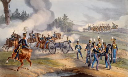 De Britse Koninklijke Artillerie bereidt zich voor op de strijd, 1835