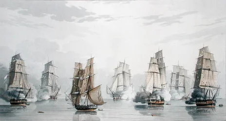 Het Britse eskader onder bevel van kapitein Charles Marsh Schomberg en het Franse eskader onder bevel van commodore Roquebert, windstil kort na het begin van de actie bij Madagaskar, 20 mei 1811
