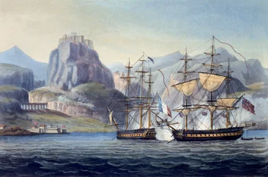 De Verovering van de Var door HMS Belle Poule bij Corfu, 1809, uit The Naval Chronology of Great Britain, door J. Ralfe