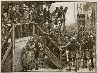 De Clare-wedstrijd: Vader Murphy leidt zijn pachters naar de stembus, illustratie uit Cassells Geïllustreerde Geschiedenis van Engeland