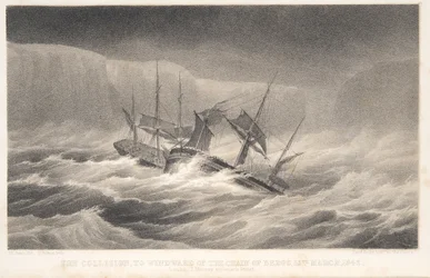 De botsing, van ontdekkingsreis en onderzoek in de zuidelijke en Antarctische gebieden door kapitein Sir James Clark Ross, pub. 1847 (gravure)