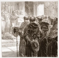 De raadsleden ontbinden de Augustijner orde van monniken in Zürich, 1524, illustratie uit De Geschiedenis van het Protestantisme door James Aitken Wylie, 1878