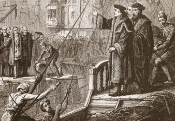 Het vertrek van Erasmus uit Bazel, illustratie uit De Geschiedenis van het Protestantisme door James Aitken Wylie, gepubliceerd in 1878