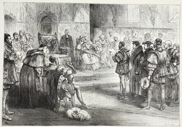 De keurvorst van Saksen leest het protest voor op de Rijksdag van Spiers, illustratie uit De Geschiedenis van het Protestantisme door James Aitken Wylie, 1878
