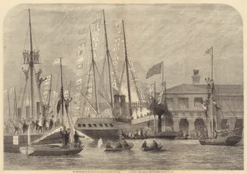 Het inschepen van de prins en prinses Frederick-William van Pruisen bij de Terrace Pier (gravure)