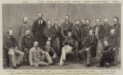De hongersnood in India, Lord Lytton en de commissaris van Mysore houden een raad in Bangalore