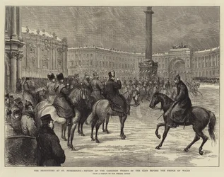 De festiviteiten in Sint-Petersburg, inspectie van de garnizoentroepen door de tsaar voor de prins van Wales (gravure)
