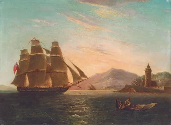 De Fregat HMS Pearl, 32 kanonnen, die de Faro, Messina binnenkomt