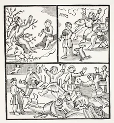 De monnik en de jongen, illustratie uit Chap-books van de achttiende eeuw door John Ashton, uitgegeven 1882