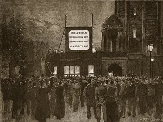 De algemene verkiezingen van 1892: Aankondiging van de resultaten in de National Liberal Club, illustratie uit Cassells Geïllustreerde Geschiedenis van Engeland