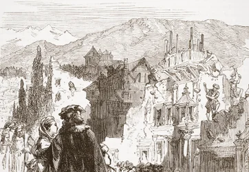 De Genevenaren vernietigen de buitenwijken van hun stad, illustratie uit De Geschiedenis van het Protestantisme door James Aitken Wylie, gepubliceerd in 1878