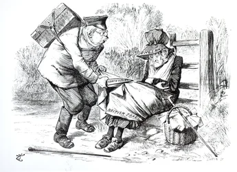 De Duitse Handelsreiziger die marktaandelen steelt van de Britse handel, karikatuur uit Punch, The London Charivari, 5 september 1896