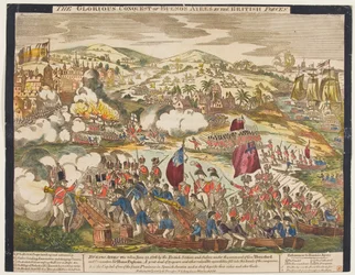 De glorieuze verovering van Buenos Aires door de Britse troepen, 27 juni 1806, gepubliceerd door G. Thompson, 1806 (gekleurde houtsnede)