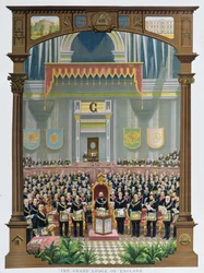 De Grand Lodge of England stemt over het felicitatieve jubileumadres aan Hare Majesteit Koningin Victoria in de Albert Hall, Londen, 13 juni 1887