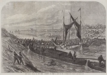 De grote overstroming in de Fens, poging om een dam te vormen in de Middle-Level Drain