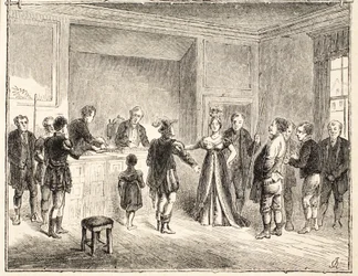 De Hand en Schaar, Een Zaak voor het Pie-Poudre Hof, naar een tekening uit 1811