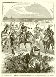 De heraut die een uitdaging tot enkelgevecht van Lord Huntly aan de hertog van Somerset overhandigt