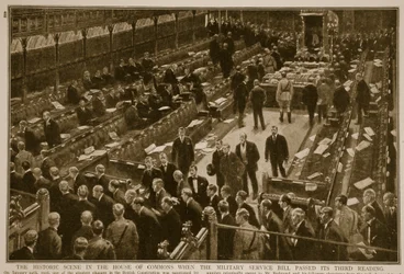 De historische scène in het Lagerhuis toen de Military Service Bill zijn derde lezing passeerde