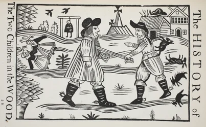 De geschiedenis van de twee kinderen in het bos, illustratie uit Chap-books van de achttiende eeuw door John Ashton, uitgegeven 1882