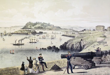 De Hoe, Drakes Island en Mt Edgecumbe vanaf het Citadel, gepubliceerd door Newman und Co