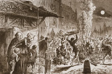 De Beeldenstormers in Bazel verbranden beelden en afgoden, illustratie uit De Geschiedenis van het Protestantisme door James Aitken Wylie, gepubliceerd in 1878