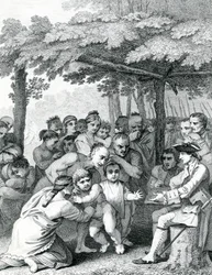 De Indianen die de Engelse gevangenen overhandigen aan kolonel Bouquet nabij zijn kamp bij de vorken van Muskingham in Noord-Amerika, gegraveerd door Canot, 1764