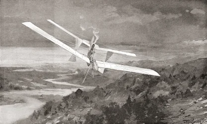 De Langley Aerodrome vliegmachine in vlucht in de 19e eeuw. Uit The Strand Magazine gepubliceerd 1897.
