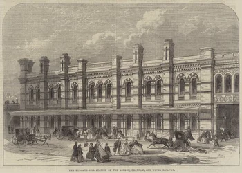 Het Ludgate-Hill Station van de London, Chatham, en Dover Spoorweg (gravure)