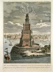 De marmeren wachttoren of vuurtoren opgericht door Ptolemaeus Soter op het eiland Pharos, bij de haven van Alexandrië (gekleurde afdruk)