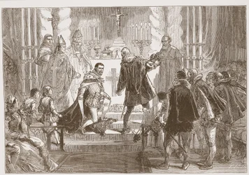 De Maarschalk van Polen eist de eed van de hertog van Anjou, illustratie uit De Geschiedenis van het Protestantisme door James Aitken Wylie, 1878