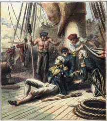 De Napoleontische Oorlog: de Slag bij Trafalgar, op 21/10/1805 stond de Frans-Spaanse vloot onder admiraal Villeneuve tegenover de Britse vloot onder bevel van vice-admiraal Nelson. Hij stierf daar. 