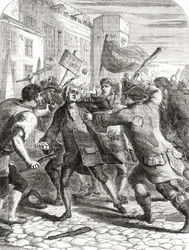De "No-Popery" relschoppers vallen parlementsleden aan in Palace Yard, Westminster, Londen, Engeland tijdens de Gordon Riots van 1780