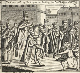 De paus te paard, de keizer houdt zijn teugel vast, koningen lopen voor hem, illustratie uit Handelingen en Monumenten van John Foxe, negende editie, uitgegeven 1684