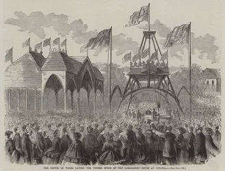 De Prins van Wales legt de eerste steen van het parlementsgebouw in Ottawa (gravure)