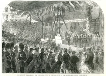 De Prins van Wales legt de eerste steen van het nieuwe kantoor van de British and Foreign Bible Society