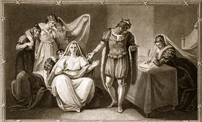 De koningin-weduwe plaatst zichzelf en haar dochters onder de bescherming van Richard III, illustratie uit David Humes The History of England, uitgegeven door R. Bowyer, Londen, 1812
