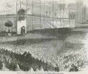 De eerwaarde Charles Haddon Spurgeon die zijn Humiliation Day preek houdt in het Crystal Palace