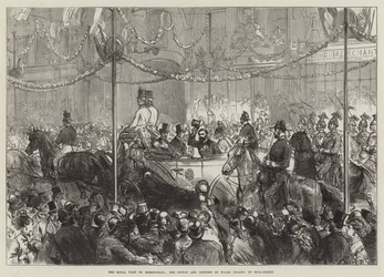 Het koninklijk bezoek aan Birmingham, de prins en prinses van Wales passeren Bull-Street