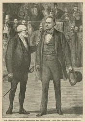 De Serjeant-at-Arms arresteert de heer Bradlaugh op bevel van de Spreker