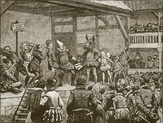 Het opvoeren van een van Shakespeares toneelstukken in de tijd van koningin Elizabeth, illustratie uit Cassells Geïllustreerde Geschiedenis van Engeland