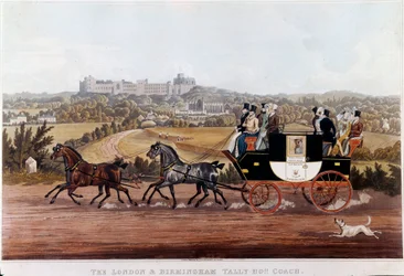De koets (diligence) die Birmingham met Londen verbindt Lithografie van de Engelse school. 19e eeuw Privécollectie