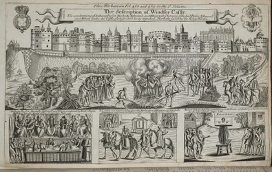 De beschrijving van Windsor Castle, illustratie uit Handelingen en Monumenten van John Foxe, negende editie, uitgegeven 1684