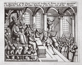 De beschrijving van het concilie van de paus gehouden in Rome, waarin een monsterlijke uil verscheen, tot de volledige vernietiging van de paus en al zijn geestelijkheid, illustratie uit Handelingen en Monumenten van John Foxe, negende editie