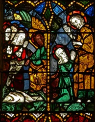 Het oostelijke raam met afbeelding van een Opstandingsscène: de Heilige Vrouwen bij het Graf; Maria Magdalena met Christus?