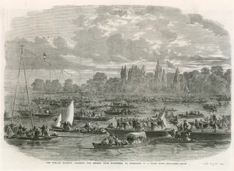 De vrouwelijke Blondin die de Theems oversteekt van Battersea naar Cremorne op een strak touw