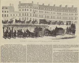 De begrafenis van wijlen de heer William Beckford, vertrekkend van zijn huis in Lansdowne Crescent, Bath (gravure)