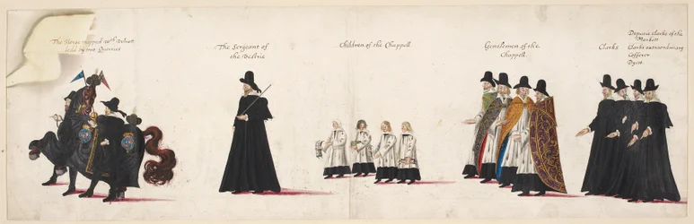 Het paard gevangen met fluweel, geleid door twee stalmeesters; de sergeant van de Vestrie; kinderen van de Chapel Royal. Deel van de begrafenisstoet van koningin Elizabeth I naar Westminster Abbey, 28 april 1603