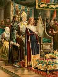 De investituur van Edward III met het Pallium (kleurenlitho)