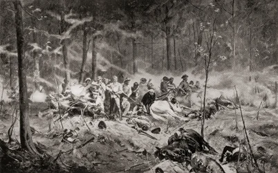 De laatste stand van majoor Allan Wilson aan de Shangani-rivier, Matabeleland, tijdens de Eerste Matabele-oorlog in 1893, naar het schilderij van Allan Stewart, uit 
