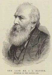 De overleden Mr J A Hansom, uitvinder van de Hansom Cab